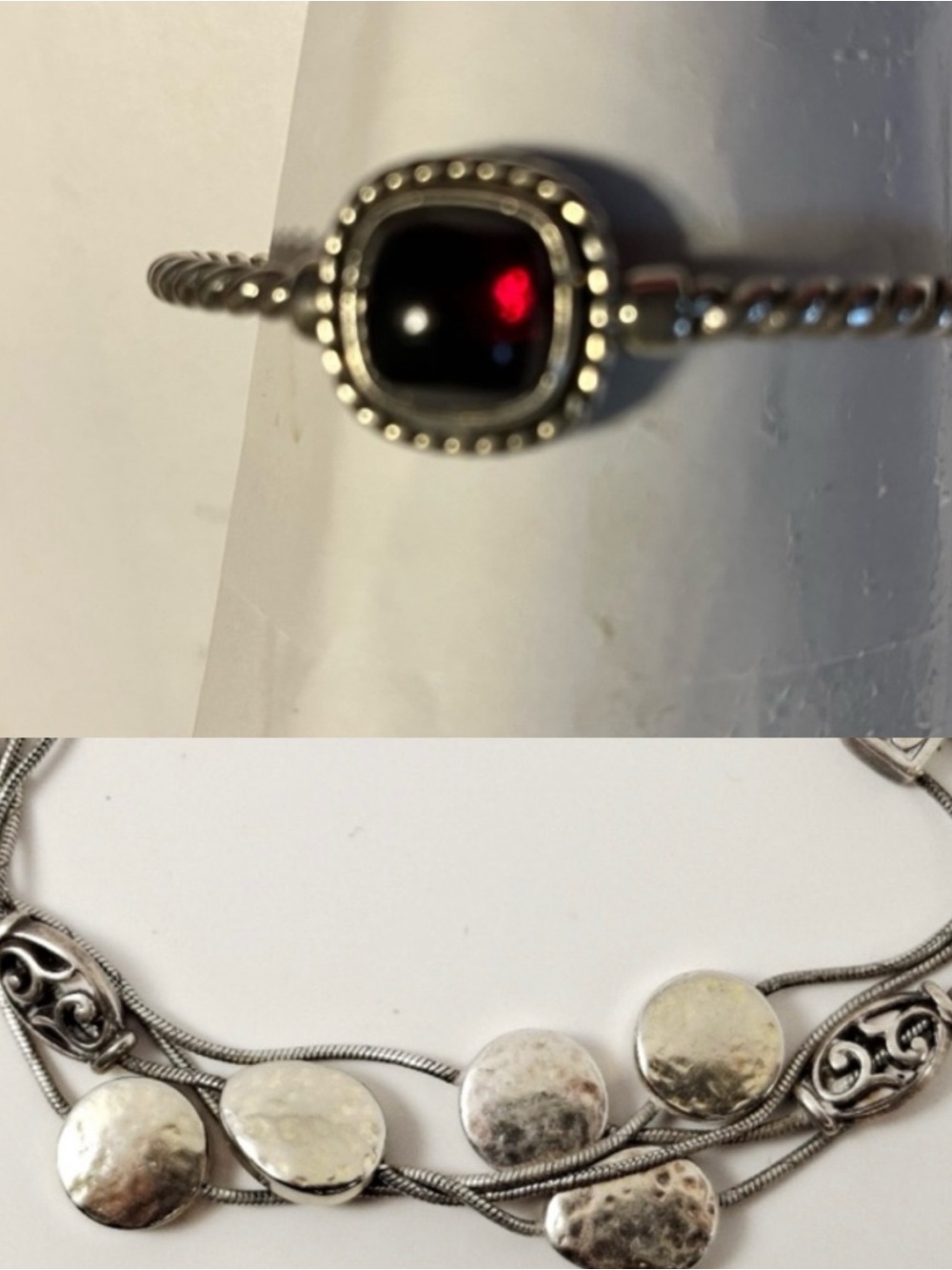 2 Brighton  Bracelets  one with Garnet Red Cushion Stone the other silver disc